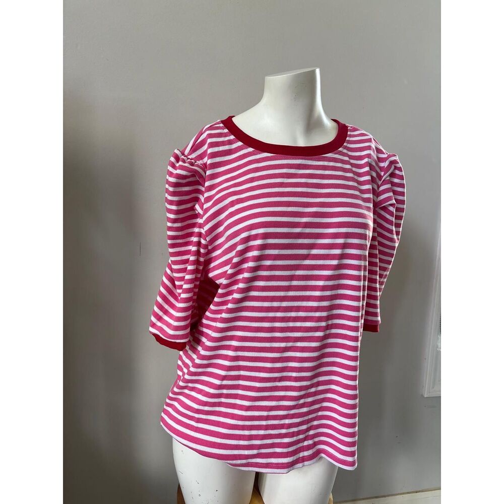 Pink & White Striped Short Sleeve Puffed Sleeve Casual Top